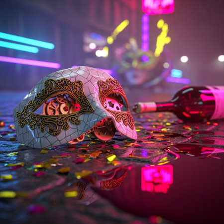 Carnival mask and bottle of red wine on a dark backgroundの素材