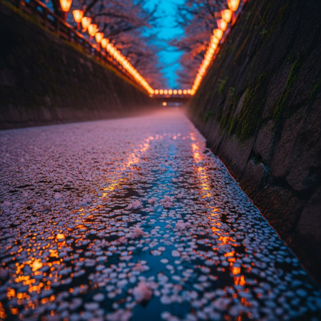 Cherry blossom on the road at night in Kyoto, Japan.の素材