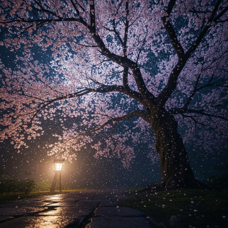 Cherry blossoms in full bloom in the park at night.の素材
