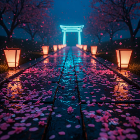 Beautiful japanese torii gate with cherry blossom petals at nightの素材