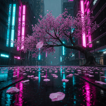 pink sakura tree in the city at night, 3d renderingの素材