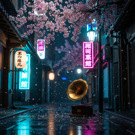 Gramophone and cherry blossoms at night in Kyoto, Japanの素材