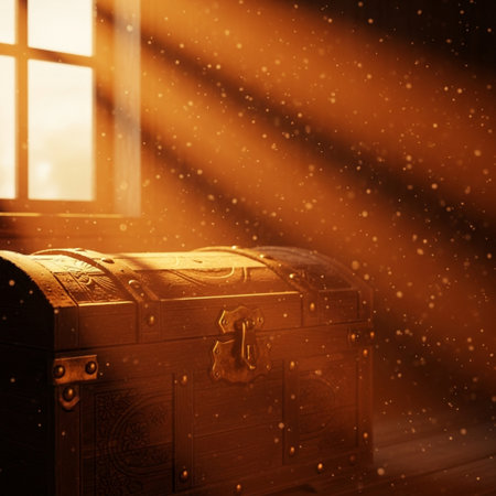 Treasure chest in the light of the window with a beam of lightの素材