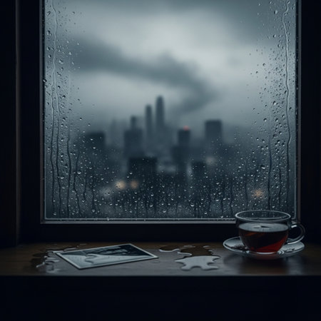 Cup of tea on the window with a view of the city in the rainの素材