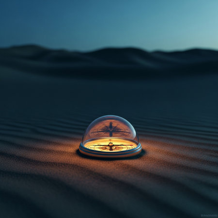 3d rendering of a crystal ball with a compass in the desertの素材