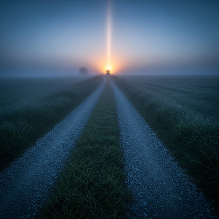 Foggy sunrise over a rural road in the Netherlands. Toned.の素材