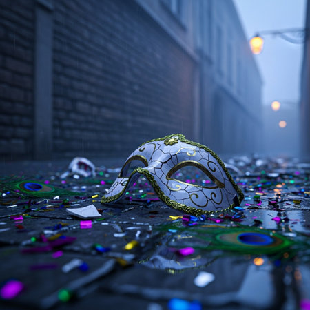 Mardi Gras mask on the street at night. 3d illustrationの素材