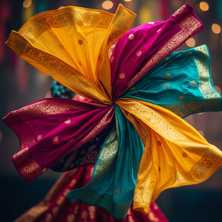 Colorful Silk Satin Scarf with Bokeh background.の素材