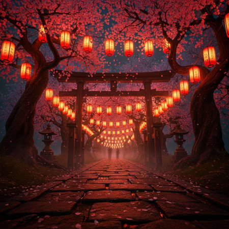 Red lanterns in a Japanese garden at night, 3D renderingの素材