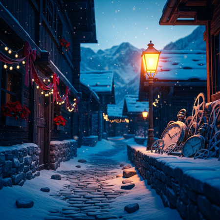 Alpine village at night in winter. Mountain village in snow.の素材