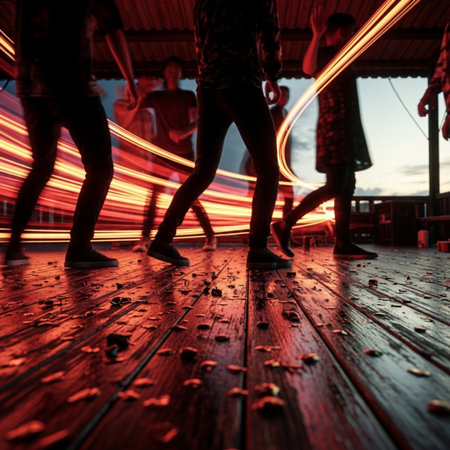 Silhouette of people walking on the wooden floor with light trailsの素材