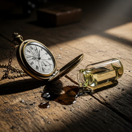 Vintage pocket watch and a bottle of essential oil on a wooden tableの素材