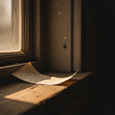 A sheet of paper lies on a wooden window sill in the rays of the morning sun.の素材