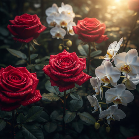Beautiful red roses with white orchids in the garden.の素材