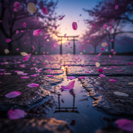 Sakura petals fall into the water of a pond during sunsetの素材