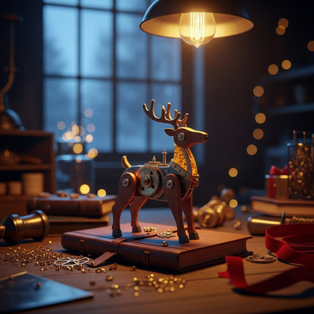 Christmas and New Year concept. Reindeer figurine on wooden table.の素材