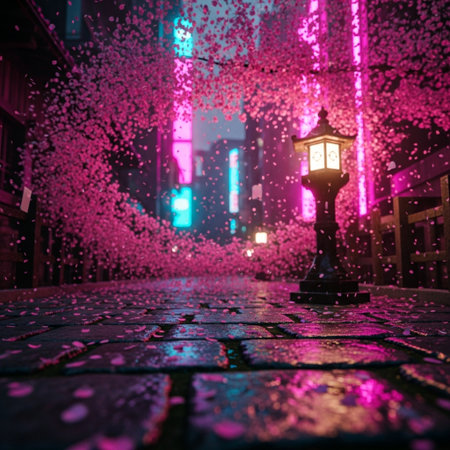 Lantern in the rain on the street at night in Tokyo, Japan.の素材