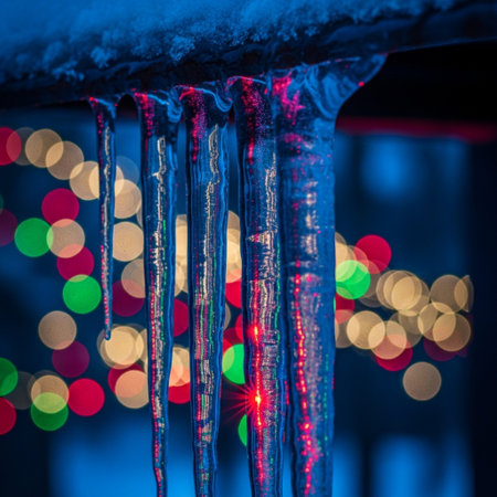 Icicles hanging from the roof of a building at night.の素材