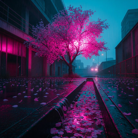 Cherry blossom tree in the city at night with foggy backgroundの素材