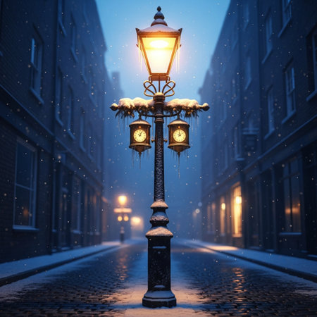 Street lamp in the old town at night with snowfall. Winter background.の素材