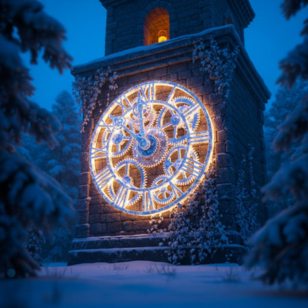 Christmas clock on the background of the winter forest. Christmas and New Year concept.の素材