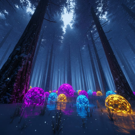 Fantasy winter forest with colorful Christmas balls. 3D illustration.の素材