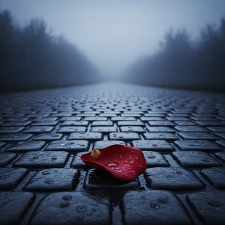 Red rose petal on wet pavement with mist in the background.の素材