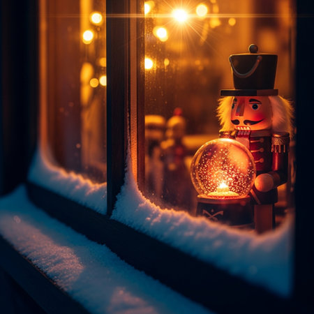 Christmas toy snowman on the window sill at night. Christmas decoration.の素材