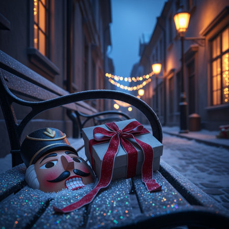 Christmas and New Year concept. Santa Claus with gift box on the bench.の素材