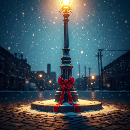 Lamp post with red ribbon on the street. 3d renderingの素材