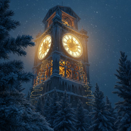 Clock tower in the winter forest. Christmas and New Year background.の素材