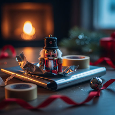 Christmas or New Year composition with a nutcracker, candles and a book.の素材