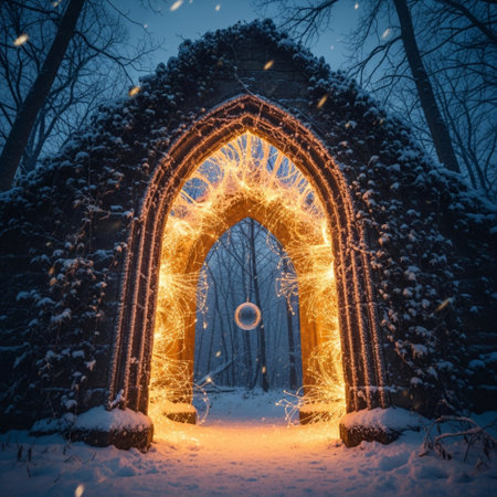 Magic portal in winter forest. Magical portal in winter forest at nightの素材