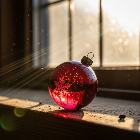 Red glass Christmas ball with snowflake on window sill at sunset.の素材