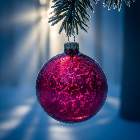 Christmas ball on a spruce branch in the winter forest. Christmas backgroundの素材