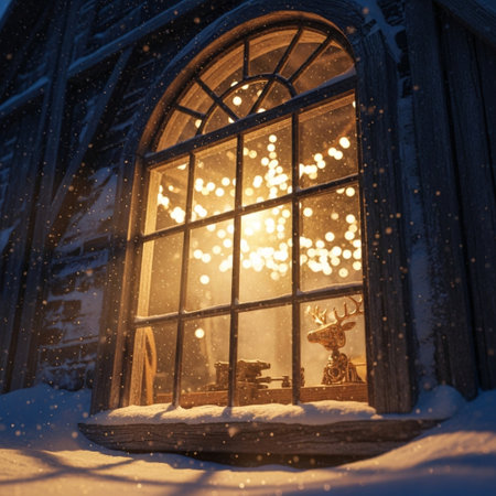 Snowy window with Christmas ornaments and lights at night.の素材