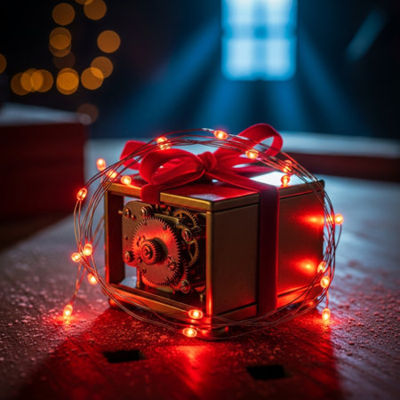 Gift box with red ribbon on the background of Christmas lights.の素材