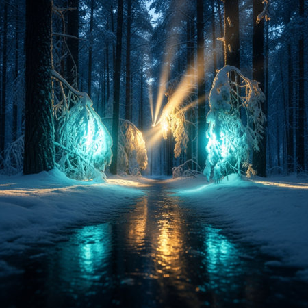 Winter forest at night with fog and light effects. Magical winter forest.の素材