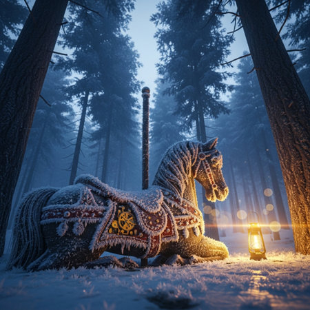 Horse in the winter forest with lantern. 3d rendering.の素材