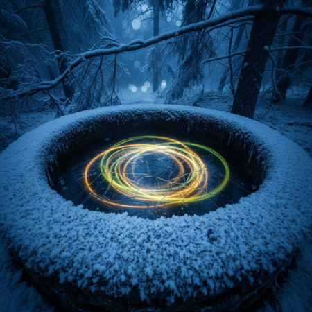 Fantastic Christmas landscape with snow covered trees and magic circle.の素材