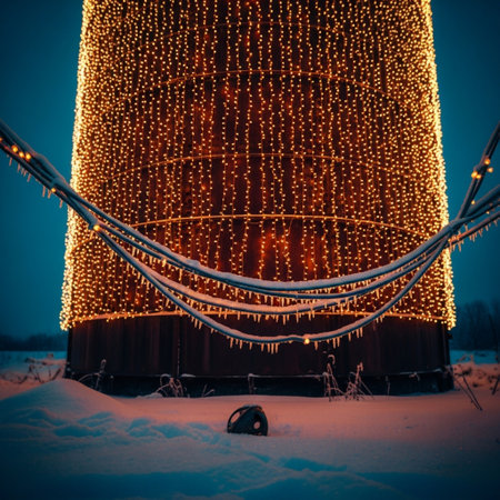 Beautiful christmas lights on the roof of a building in the winter forestの素材