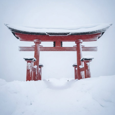 Red torii gate covered by snow in Gifu, Japanの素材