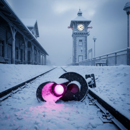 Railway station in winter with snow and fog in the background.の素材