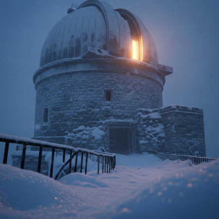 Astronomical observatory in the snow at night, Russia.の素材