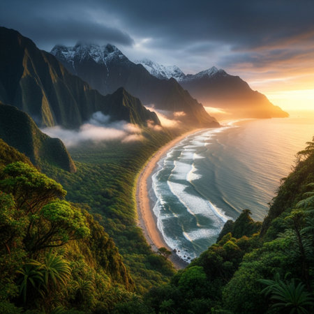 Beautiful sunset over the ocean in Milford Sound, New Zealandの素材