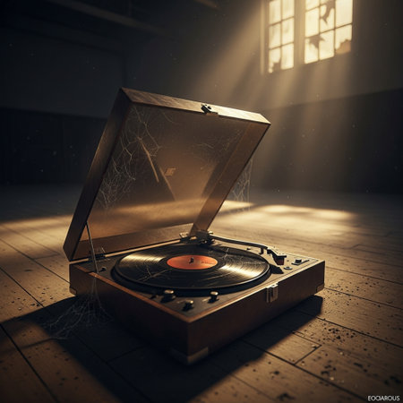 Vintage vinyl record player on old wooden floor in dark room.の素材