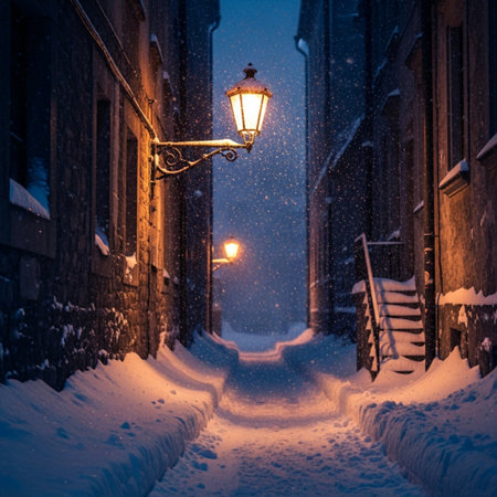 Winter snowy street at night with lanterns and falling snow, Stockholm, Swedenの素材