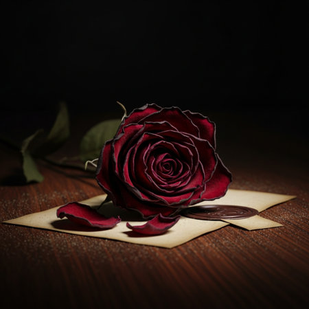 Withered red rose on a paper envelope. Dark background.の素材