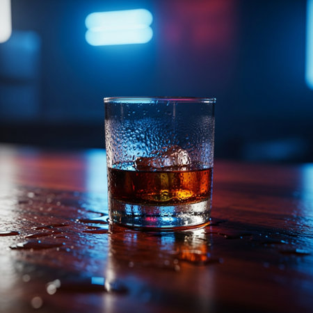 Glass of whiskey with ice on a wooden table in a bar.の素材