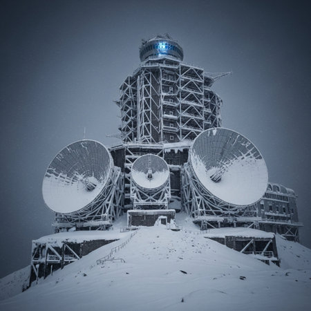 Satellite dish on top of a mountain in winter. Toned.の素材